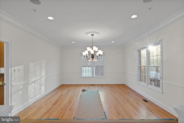 14603 Turner Wootton Pkwy, Upper Marlboro, MD 20774 - unfurnished dining area with wood finished floors, a chandelier, crown molding, recessed lighting, and baseboards