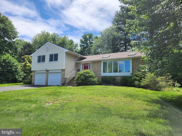 3 Vanderveer Dr, Lawrenceville, NJ 08648 - split level home featuring driveway, a garage, a front lawn, and stone siding