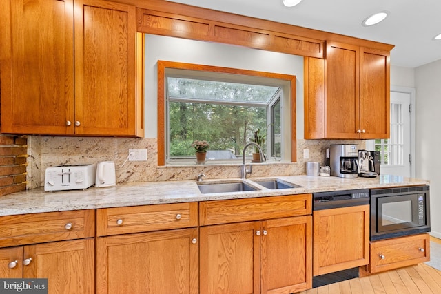 3 Vanderveer Dr, Lawrenceville, NJ 08648 - kitchen featuring black microwave, a sink, decorative backsplash, light stone counters, and recessed lighting