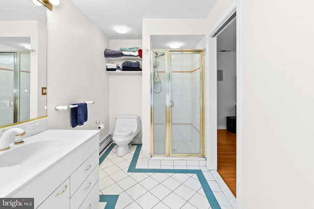 3 Vanderveer Dr, Lawrenceville, NJ 08648 - full bath with vanity, a shower stall, toilet, tile patterned floors, and a baseboard radiator