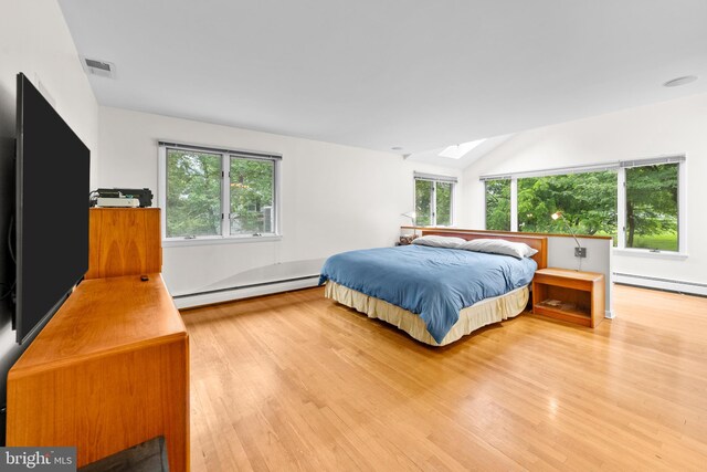 3 Vanderveer Dr, Lawrenceville, NJ 08648 - bedroom with a baseboard heating unit, wood finished floors, a skylight, and lofted ceiling