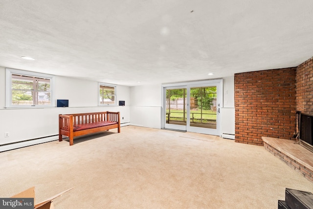 3 Vanderveer Dr, Lawrenceville, NJ 08648 - unfurnished living room with baseboard heating, carpet flooring, brick wall, and recessed lighting