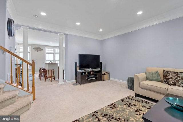 4320 Thomas Brigade Ln, Fairfax, VA 22033 - living room with decorative columns, carpet floors, crown molding, baseboards, and stairs