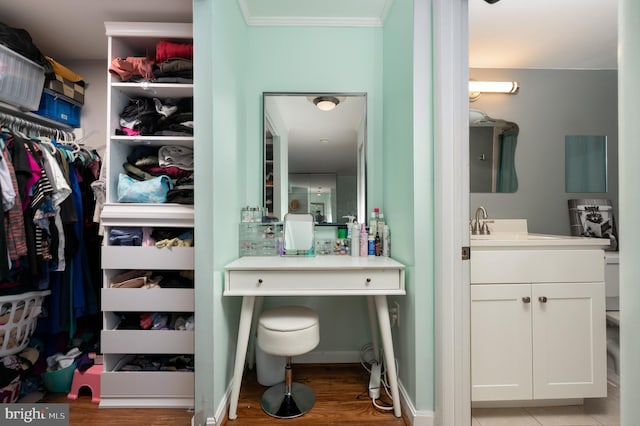 7708 Hanover Pkwy Unit 303, Greenbelt, MD 20770 - bathroom featuring vanity, crown molding, a walk in closet, and wood finished floors
