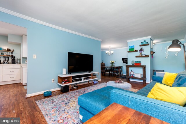 7708 Hanover Pkwy Unit 303, Greenbelt, MD 20770 - living area with a chandelier, crown molding, wood finished floors, and baseboards