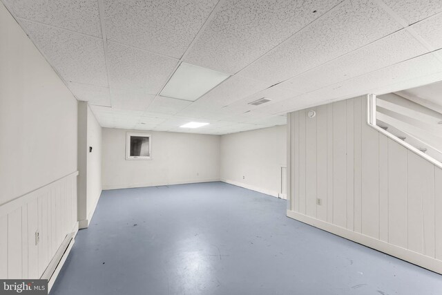 24 Beechtree Ln, Mountville, PA 17554 - finished basement featuring stairway, a baseboard radiator, and a paneled ceiling