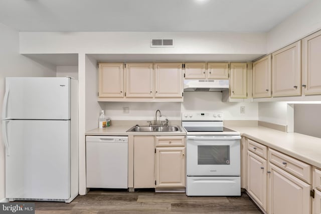 24 Beechtree Ln, Mountville, PA 17554 - kitchen featuring white appliances, under cabinet range hood, a sink, and dark wood finished floors