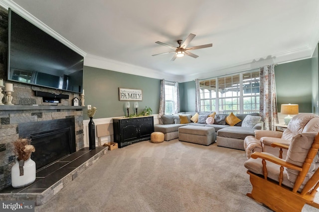43268 Heavenly Cir, Leesburg, VA 20176 - carpeted living room with ornamental molding, ceiling fan, and a fireplace