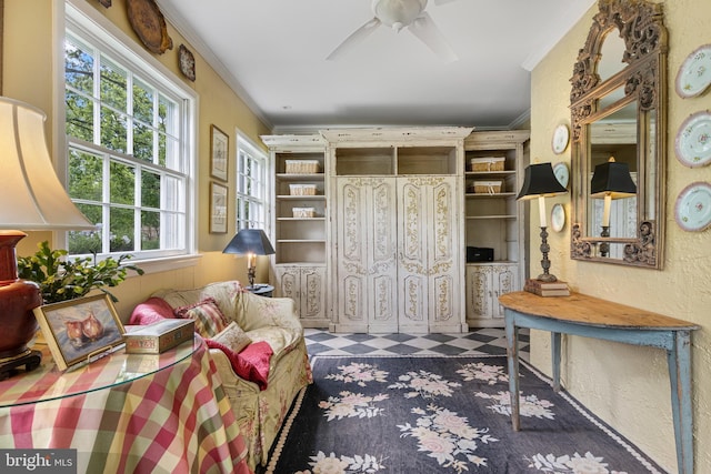 60 Old Eagle School Rd, Wayne, PA 19087 - living area featuring crown molding, a ceiling fan, tile patterned floors, and a textured wall