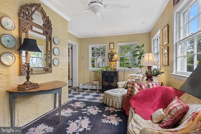 60 Old Eagle School Rd, Wayne, PA 19087 - living room featuring a baseboard heating unit, a ceiling fan, and crown molding