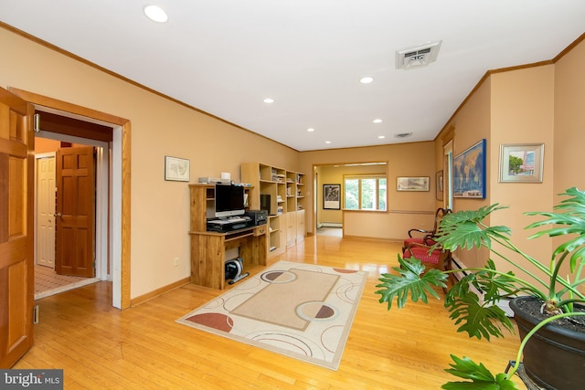 130 Bellmawr Ave, Haddon Heights, NJ 08035 - living area featuring light wood finished floors, crown molding, baseboards, and recessed lighting