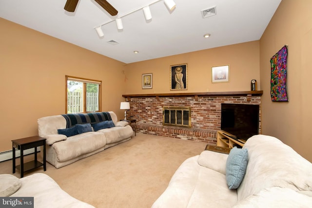 130 Bellmawr Ave, Haddon Heights, NJ 08035 - carpeted living room with track lighting, a ceiling fan, and a brick fireplace