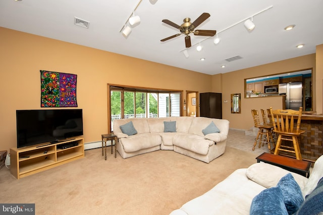130 Bellmawr Ave, Haddon Heights, NJ 08035 - living area featuring rail lighting, a baseboard heating unit, light carpet, and ceiling fan