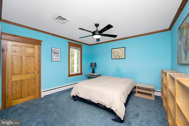 130 Bellmawr Ave, Haddon Heights, NJ 08035 - carpeted bedroom featuring a baseboard heating unit, crown molding, baseboards, a baseboard radiator, and a ceiling fan