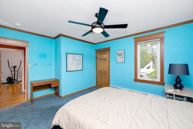 130 Bellmawr Ave, Haddon Heights, NJ 08035 - bedroom featuring crown molding, baseboards, a baseboard radiator, carpet floors, and a ceiling fan