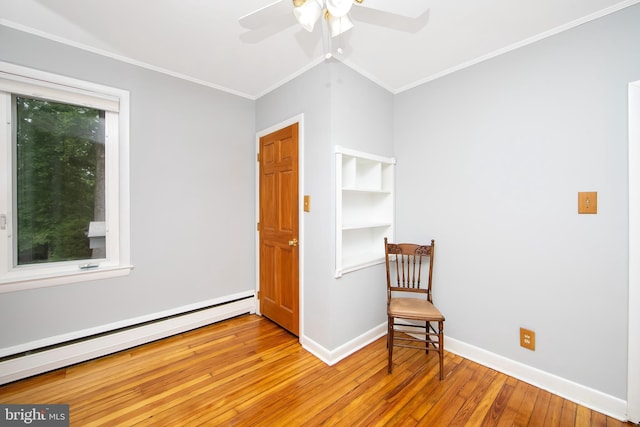 130 Bellmawr Ave, Haddon Heights, NJ 08035 - unfurnished room featuring baseboard heating, light wood-style floors, a ceiling fan, ornamental molding, and baseboards