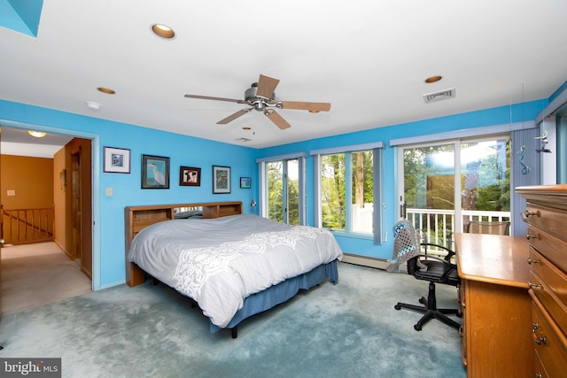 130 Bellmawr Ave, Haddon Heights, NJ 08035 - carpeted bedroom featuring a baseboard radiator, access to outside, a ceiling fan, and recessed lighting