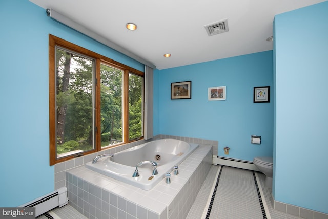 130 Bellmawr Ave, Haddon Heights, NJ 08035 - bathroom featuring a baseboard heating unit, a tub with jets, toilet, tile patterned floors, and recessed lighting