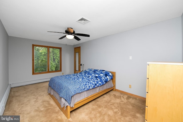 130 Bellmawr Ave, Haddon Heights, NJ 08035 - bedroom featuring a baseboard heating unit, light carpet, baseboards, and a ceiling fan