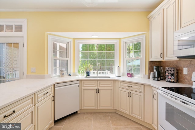 43971 Urbancrest Ct, Ashburn, VA 20147 - kitchen featuring white appliances, a sink, decorative backsplash, light stone countertops, and ornamental molding