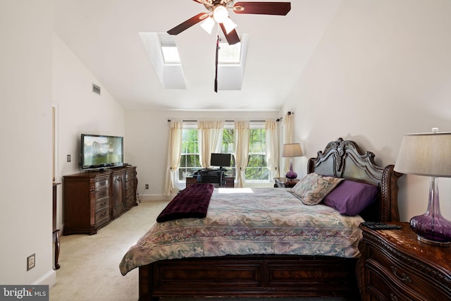 43971 Urbancrest Ct, Ashburn, VA 20147 - bedroom with access to exterior, a skylight, light carpet, baseboards, and ceiling fan