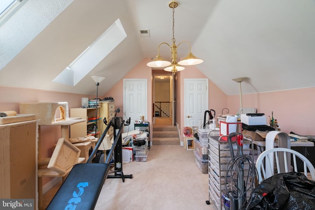 43971 Urbancrest Ct, Ashburn, VA 20147 - workout area featuring a skylight, carpet flooring, and vaulted ceiling