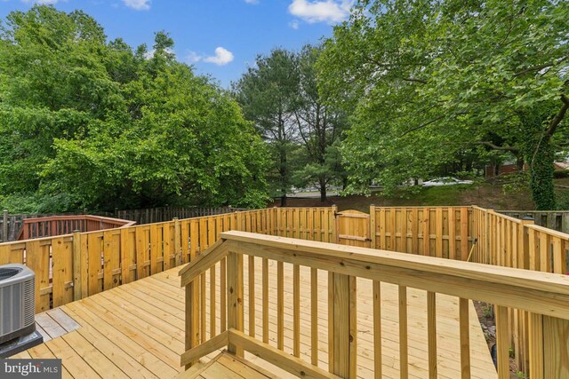 13929 Carthage Cir, Burtonsville, MD 20866 - wooden deck with cooling unit, a fenced backyard, and view of scattered trees