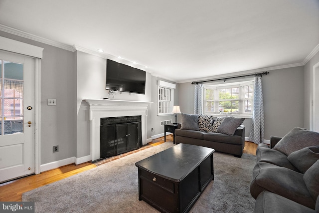 201 S Rd, Wilmington, DE 19809 - living room featuring crown molding, a fireplace, wood finished floors, and baseboards