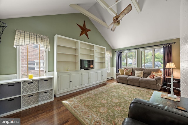 201 S Rd, Wilmington, DE 19809 - living room with a ceiling fan, dark wood-style floors, baseboard heating, and high vaulted ceiling
