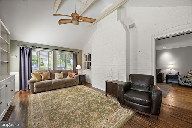 201 S Rd, Wilmington, DE 19809 - living area with high vaulted ceiling, dark wood finished floors, a ceiling fan, beamed ceiling, and brick wall