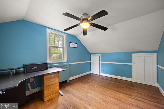 201 S Rd, Wilmington, DE 19809 - unfurnished office featuring a ceiling fan, lofted ceiling, wood finished floors, and baseboards