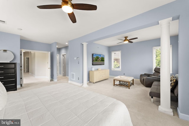 22962 Lois Ln, Brambleton, VA 20148 - bedroom featuring light carpet, decorative columns, baseboards, and ceiling fan