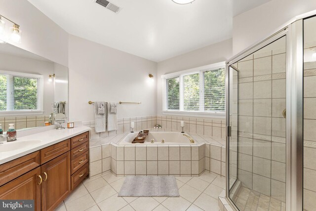 22962 Lois Ln, Brambleton, VA 20148 - bathroom with vanity, a tub with jets, healthy amount of natural light, and a shower stall