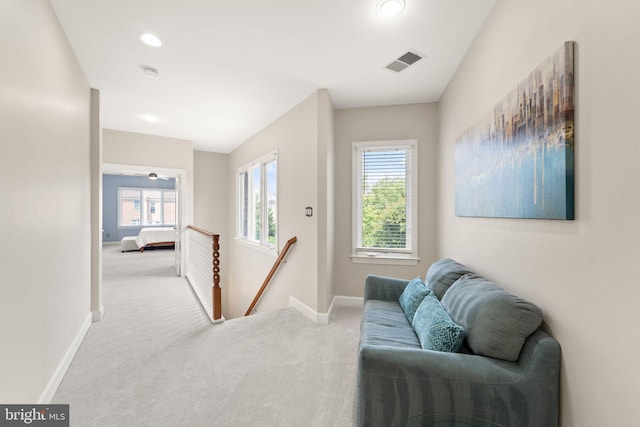 22962 Lois Ln, Brambleton, VA 20148 - hall with an upstairs landing, baseboards, carpet floors, and recessed lighting