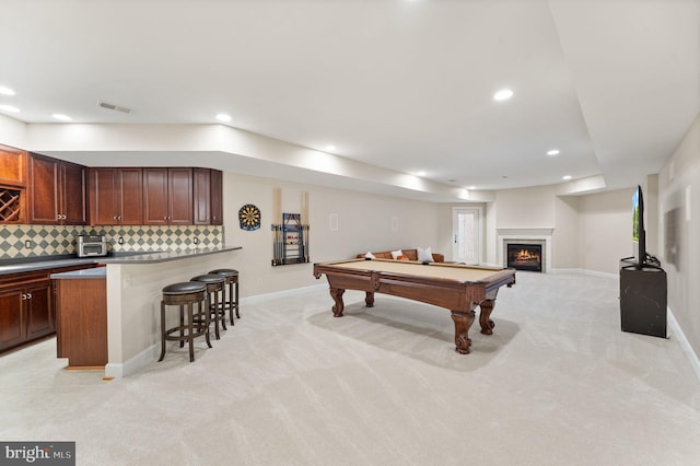 22962 Lois Ln, Brambleton, VA 20148 - recreation room featuring light carpet, baseboards, billiards, a warm lit fireplace, and recessed lighting