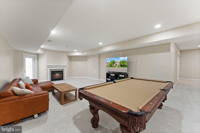22962 Lois Ln, Brambleton, VA 20148 - rec room featuring light carpet, a tile fireplace, recessed lighting, baseboards, and billiards