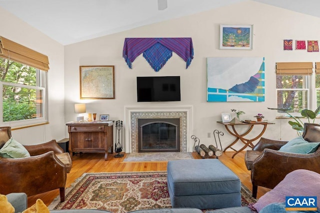 213 Turkey Ridge Rd, Charlottesville, VA 22903 - living area featuring vaulted ceiling, wood finished floors, and a fireplace with flush hearth