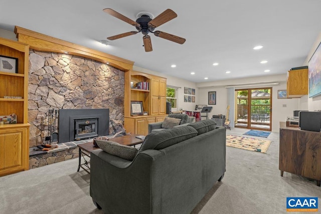 213 Turkey Ridge Rd, Charlottesville, VA 22903 - living room featuring light colored carpet, ceiling fan, recessed lighting, and a stone fireplace