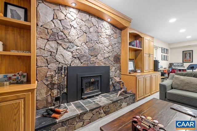 213 Turkey Ridge Rd, Charlottesville, VA 22903 - living area with a fireplace, recessed lighting, and built in shelves