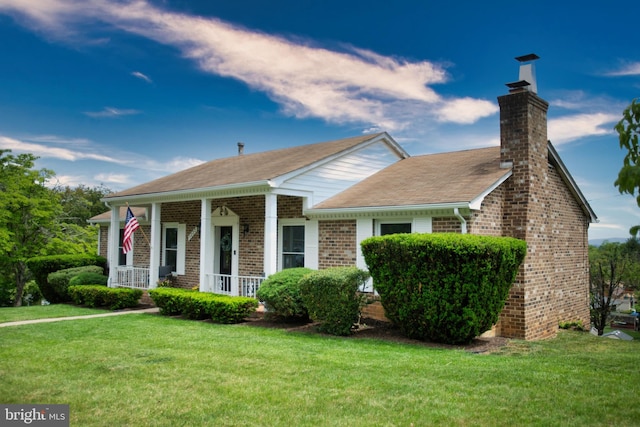 1222 Pinehurst Rd, Staunton, VA 24401 - view of front of property with brick siding, a chimney, a front yard, and covered porch