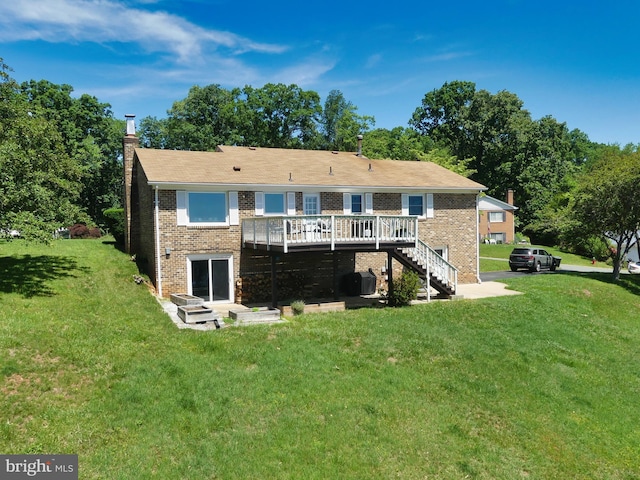 1222 Pinehurst Rd, Staunton, VA 24401 - rear view of property with a chimney, a deck, stairs, a lawn, and brick siding
