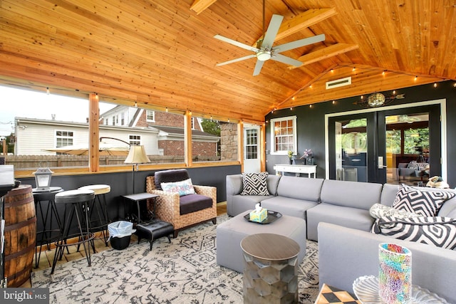 1107 Kenmore Ave, Fredericksburg, VA 22401 - living room featuring wood ceiling, vaulted ceiling, and a ceiling fan