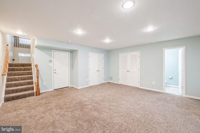 3416 Barnhouse Dr, Edgewater, MD 21037 - finished below grade area with carpet flooring, baseboards, recessed lighting, and stairs