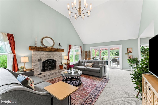 11 White Oak Dr, West Grove, PA 19390 - living area with high vaulted ceiling, a chandelier, carpet, a fireplace, and baseboards