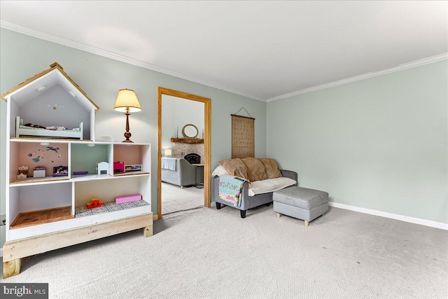 11 White Oak Dr, West Grove, PA 19390 - living area with carpet floors, ornamental molding, a fireplace, and baseboards