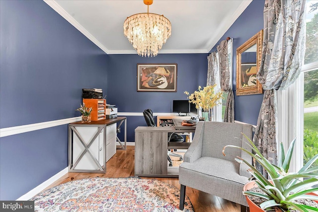 11 White Oak Dr, West Grove, PA 19390 - home office with a chandelier, ornamental molding, wood finished floors, and baseboards