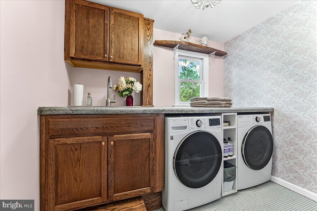 11 White Oak Dr, West Grove, PA 19390 - laundry room featuring independent washer and dryer, cabinet space, wallpapered walls, and baseboards