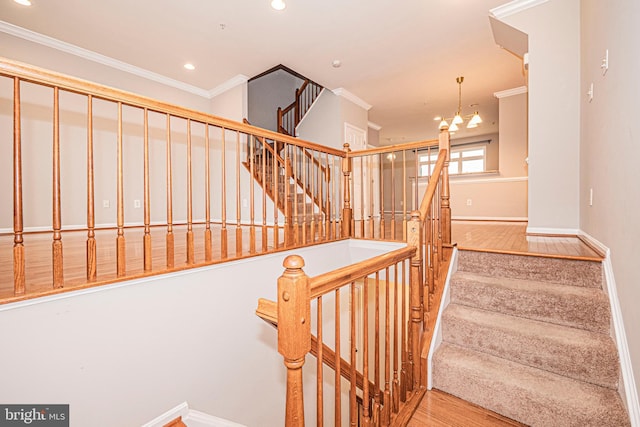 11919 Little Seneca Pkwy, Clarksburg, MD 20871 - stairway featuring ornamental molding, wood finished floors, baseboards, and recessed lighting