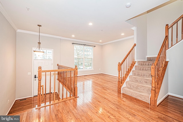 11919 Little Seneca Pkwy, Clarksburg, MD 20871 - staircase featuring hardwood / wood-style flooring, ornamental molding, baseboards, and recessed lighting
