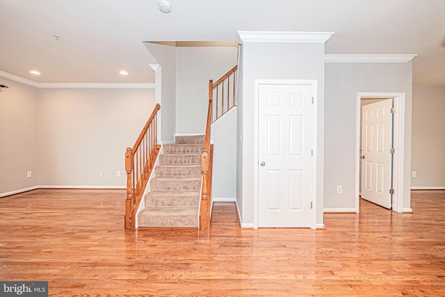 11919 Little Seneca Pkwy, Clarksburg, MD 20871 - stairway with crown molding, wood finished floors, recessed lighting, and baseboards